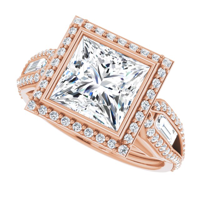 Cubic Zirconia Engagement Ring- The Alekhya (Customizable Cathedral-Bezel Princess/Square Cut Design with Halo, Split-Pavé Band & Channel Baguettes)