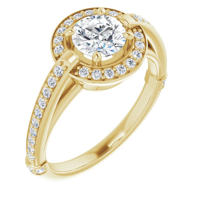 10K Yellow Gold Customizable High-Cathedral Round Cut Design with Halo and Shared Prong Band