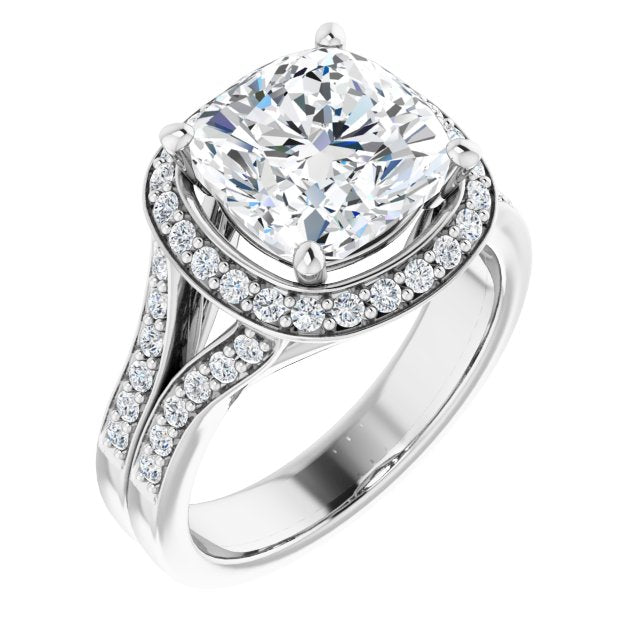 10K White Gold Customizable Cushion Cut Halo Style with Accented Split-Band