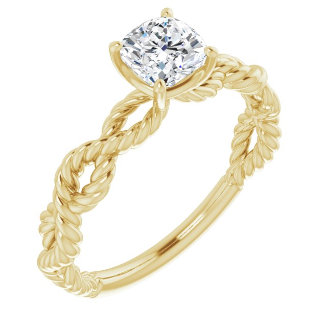 10K Yellow Gold Customizable Cushion Cut Solitaire with Infinity-inspired Twisting-Rope Split Band