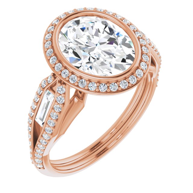 10K Rose Gold Customizable Cathedral-Bezel Oval Cut Design with Halo, Split-Pavé Band & Channel Baguettes