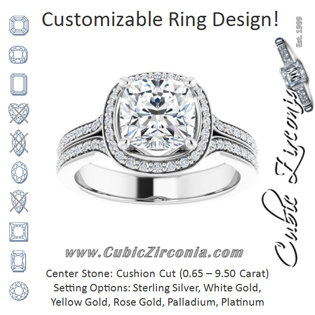 Cubic Zirconia Engagement Ring- The Dionne (Customizable Cathedral-raised Cushion Cut Setting with Halo and Shared Prong Band)