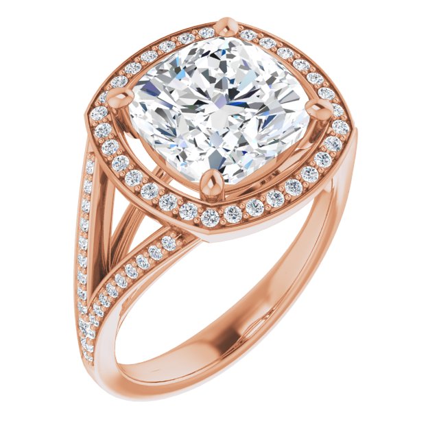18K Rose Gold Customizable Cathedral-Halo Cushion Cut Style featuring Split-Shared Prong Band