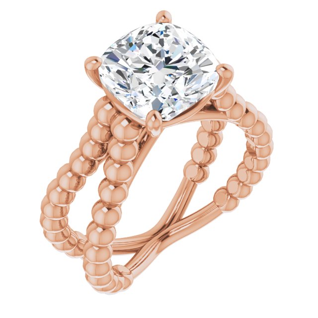 10K Rose Gold Customizable Cushion Cut Solitaire with Wide Beaded Split-Band