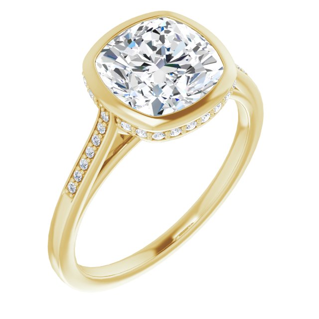10K Yellow Gold Customizable Cathedral-Bezel Cushion Cut Style with Under-halo and Shared Prong Band