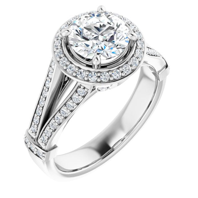 10K White Gold Customizable Round Cut Setting with Halo, Under-Halo Trellis Accents and Accented Split Band