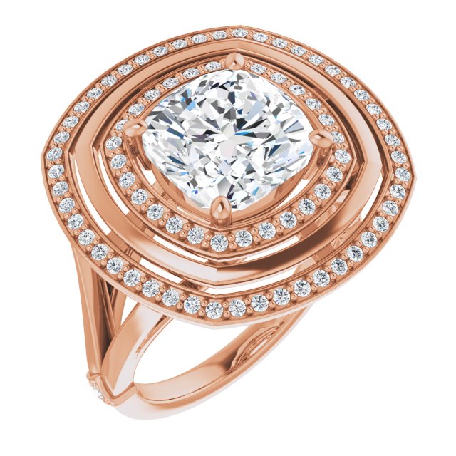 10K Rose Gold Customizable Cushion Cut Oversized 2x Halo Style with Knuckle Accented Split Band