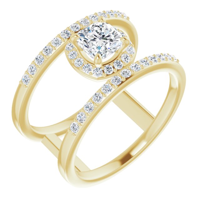 10K Yellow Gold Customizable Cushion Cut Halo Design with Open, Ultrawide Harness Double Pavé Band