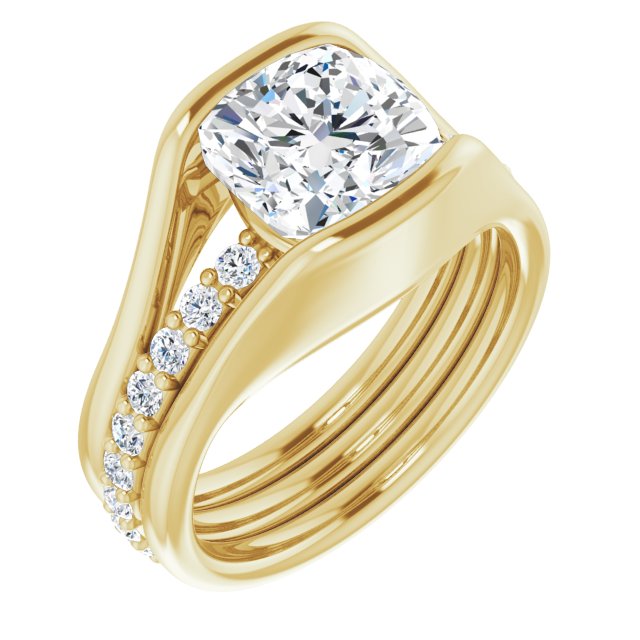 10K Yellow Gold Customizable Bezel-set Cushion Cut Style with Thick Pavé Band