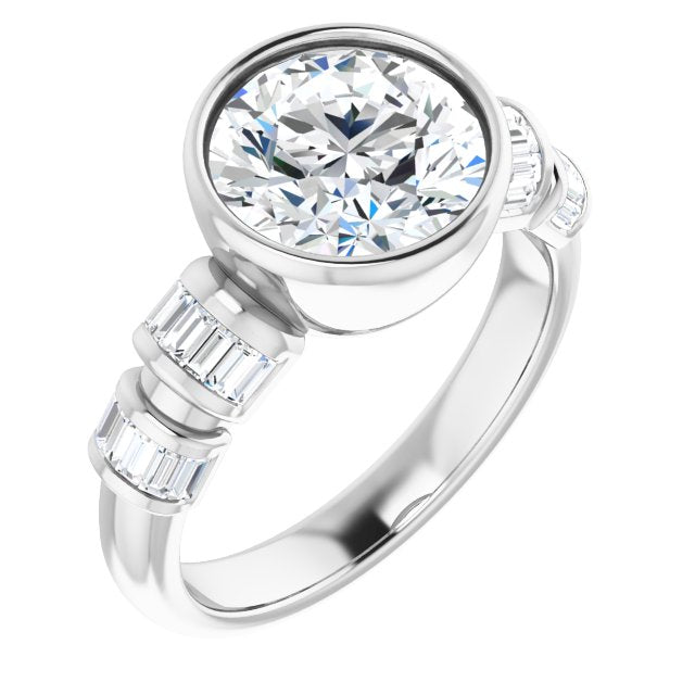 14K White Gold Customizable Bezel-set Round Cut Design with Quad Horizontal Band Sleeves of Baguette Accents