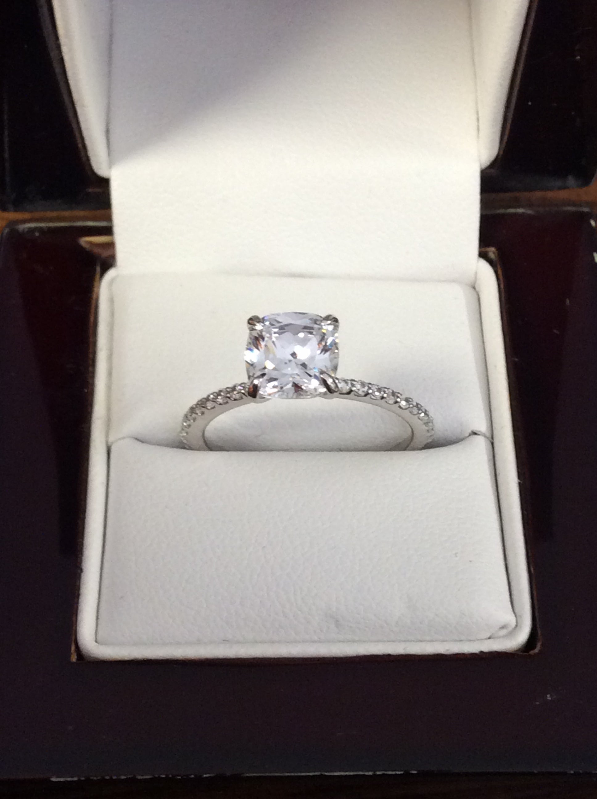Cubic Zirconia Engagement Ring-*Clearance* The Geraldine Lea (1.50 Carat Cushion Cut with Delicate Pavé Band in 18K White Gold)