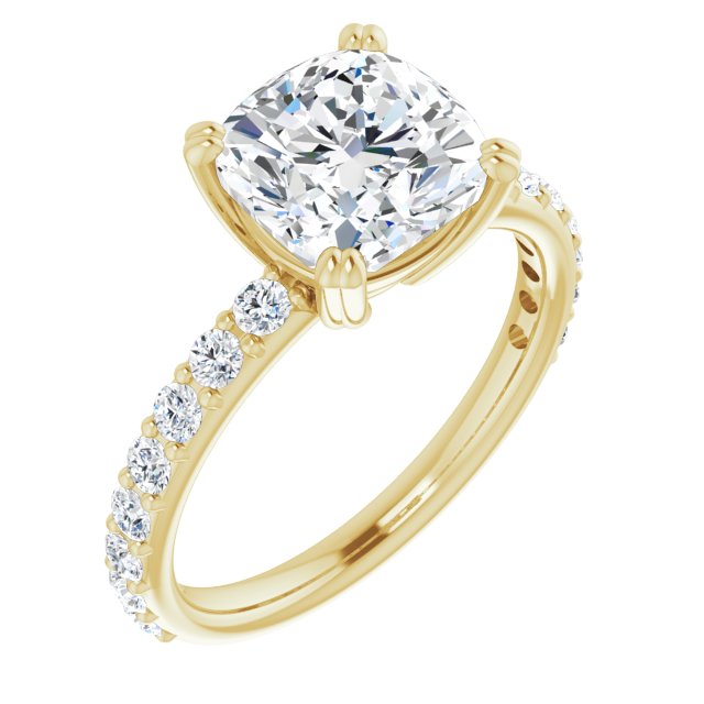 10K Yellow Gold Customizable Cushion Cut Design with Large Round Cut 3/4 Band Accents