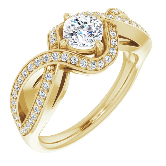 10K Yellow Gold Customizable Cushion Cut Design with Twisting, Infinity-Shared Prong Split Band and Bypass Semi-Halo