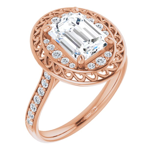 Cubic Zirconia Engagement Ring- The Ariané Contessa (Customizable Cathedral-style Emerald Cut featuring Cluster Accented Filigree Setting & Shared Prong Band)