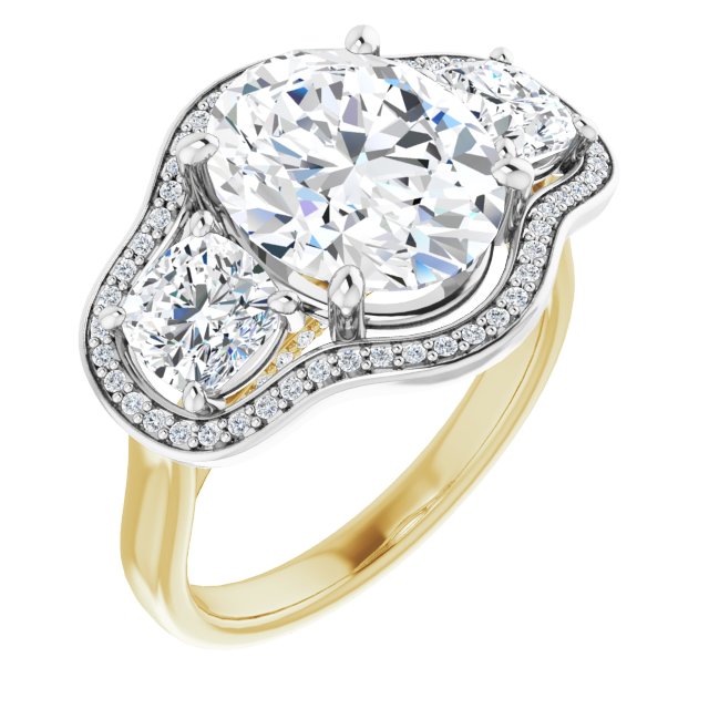 14K Yellow & White Gold Customizable 3-stone Design with Oval Cut Center, Cushion Side Stones, Triple Halo and Bridge Under-halo