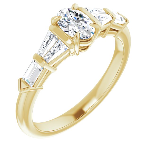 10K Yellow Gold Customizable 7-stone Design with Oval Cut Center and Baguette Accents