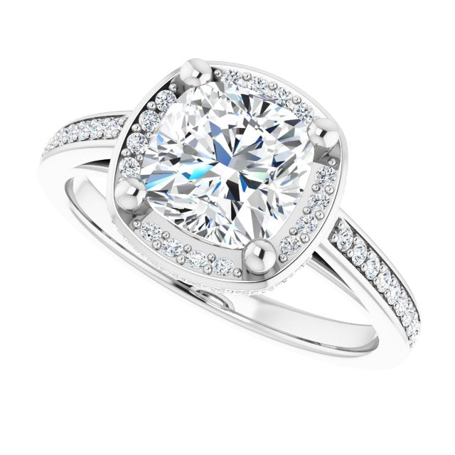 Cubic Zirconia Engagement Ring- The Estelle (Customizable Cathedral-Halo Cushion Cut Design with Under-halo & Shared Prong Band)