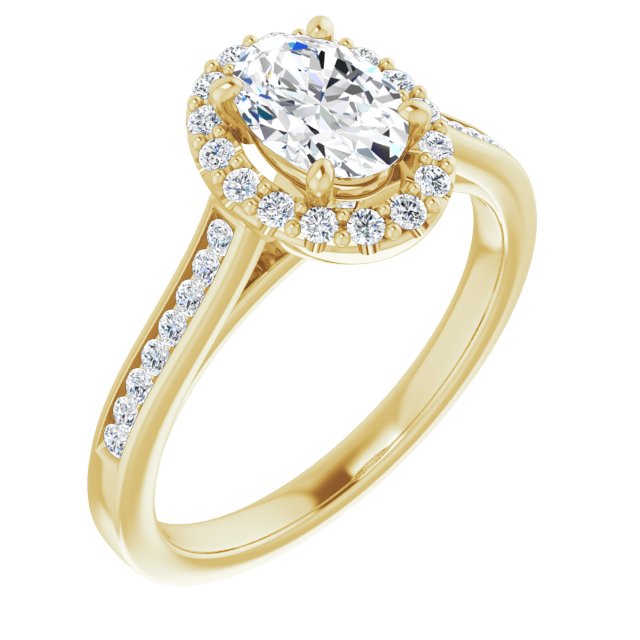 10K Yellow Gold Customizable Oval Cut Design with Halo, Round Channel Band and Floating Peekaboo Accents