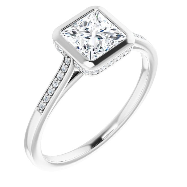 10K White Gold Customizable Cathedral-Bezel Princess/Square Cut Style with Under-halo and Shared Prong Band