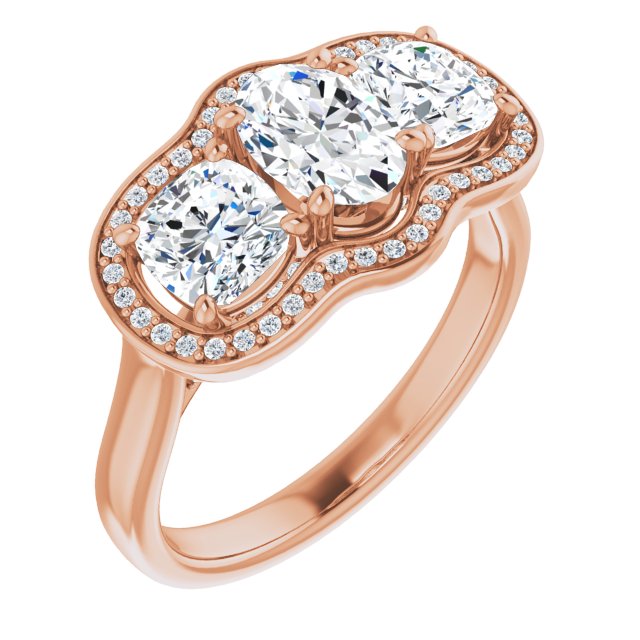 10K Rose Gold Customizable 3-stone Design with Oval Cut Center, Cushion Side Stones, Triple Halo and Bridge Under-halo