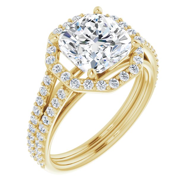 10K Yellow Gold Customizable Cathedral Cushion Cut Design with Geometric Halo & Split Pavé Band