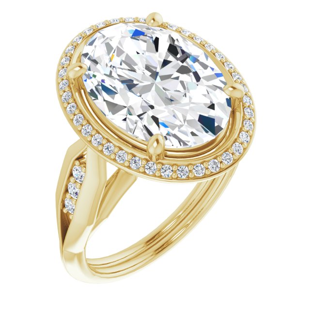 10K Yellow Gold Customizable Cathedral-raised Oval Cut Design with Halo and Tri-Cluster Band Accents