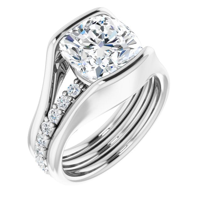 10K White Gold Customizable Bezel-set Cushion Cut Style with Thick Pavé Band
