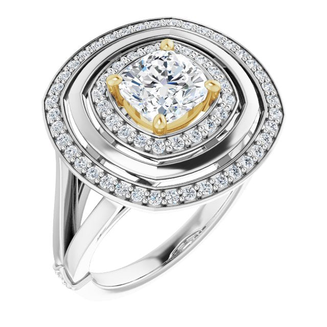 14K White & Yellow Gold Customizable Cushion Cut Oversized 2x Halo Style with Knuckle Accented Split Band