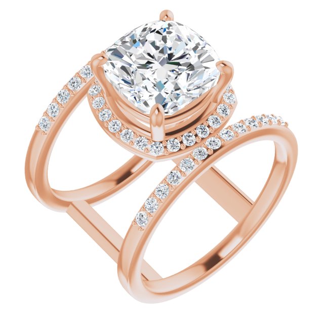 10K Rose Gold Customizable Cushion Cut Halo Design with Open, Ultrawide Harness Double Pavé Band