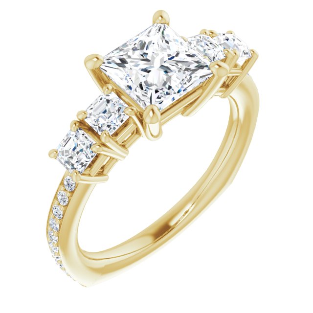 10K Yellow Gold Customizable Princess/Square Cut 5-stone Style with Quad Princess/Square Accents plus Shared Prong Band