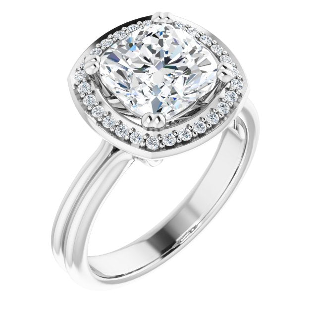 10K White Gold Customizable Cushion Cut Style with Scooped Halo and Grooved Band
