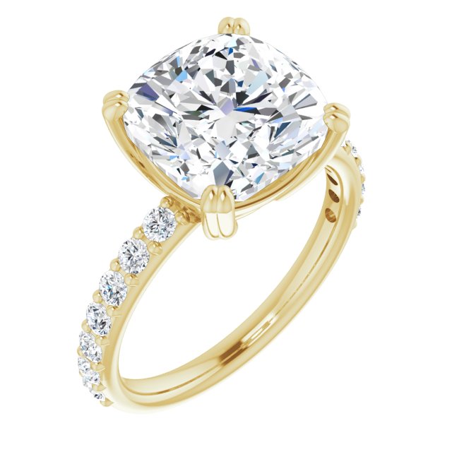 10K Yellow Gold Customizable Cushion Cut Design with Large Round Cut 3/4 Band Accents