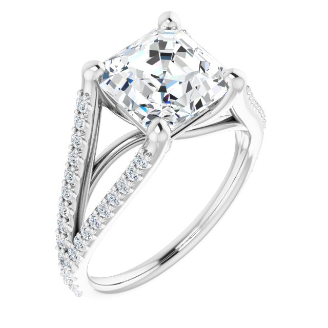 10K White Gold Customizable Cathedral-raised Asscher Cut Center with Exquisite Accented Split-band
