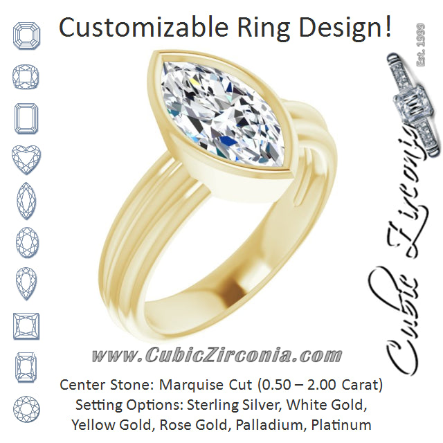 Cubic Zirconia Engagement Ring- The Aretha (Customizable Bezel-set Marquise Cut Solitaire with Grooved Band)
