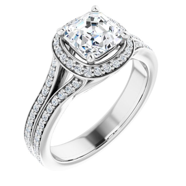 10K White Gold Customizable Cathedral-raised Asscher Cut Setting with Halo and Shared Prong Band