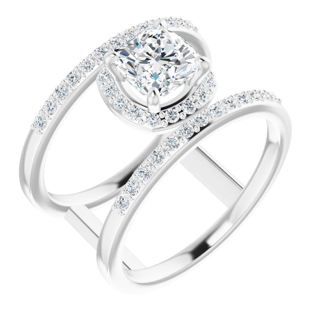 10K White Gold Customizable Cushion Cut Halo Design with Open, Ultrawide Harness Double Pavé Band