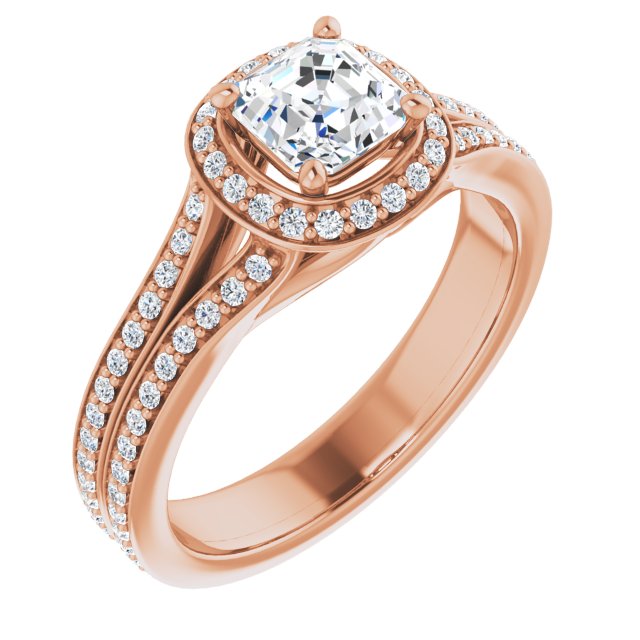 10K Rose Gold Customizable Cathedral-raised Asscher Cut Setting with Halo and Shared Prong Band
