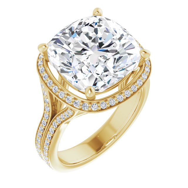 10K Yellow Gold Customizable Cathedral-raised Cushion Cut Setting with Halo and Shared Prong Band