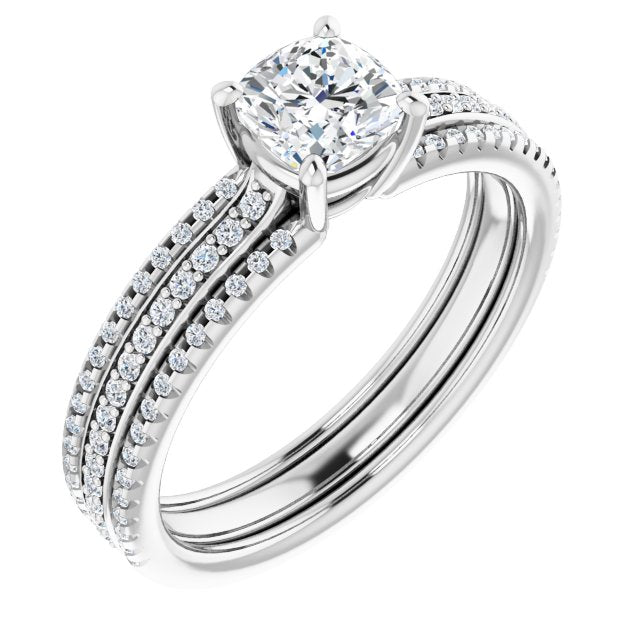 10K White Gold Customizable Cushion Cut Center with Wide Pavé Accented Band