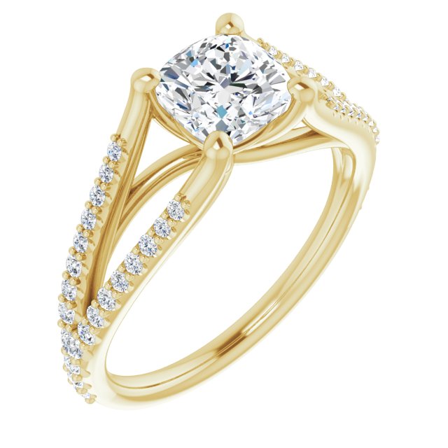 10K Yellow Gold Customizable Cathedral-raised Cushion Cut Center with Exquisite Accented Split-band