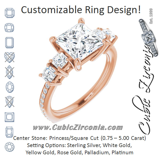 Cubic Zirconia Engagement Ring- The Harmony (Customizable Princess/Square Cut 5-stone Style with Quad Princess/Square Accents plus Shared Prong Band)