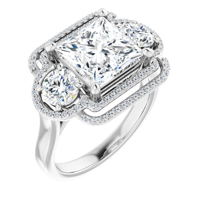 10K White Gold Customizable Cathedral-set Enhanced 3-stone Princess/Square Cut Design with Multidirectional Halo