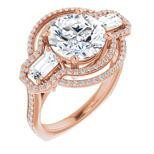 14K Rose Gold Customizable Enhanced 3-stone Style with Round Cut Center, Emerald Cut Accents, Double Halo and Thin Shared Prong Band