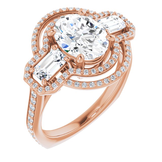10K Rose Gold Customizable Enhanced 3-stone Style with Oval Cut Center, Emerald Cut Accents, Double Halo and Thin Shared Prong Band
