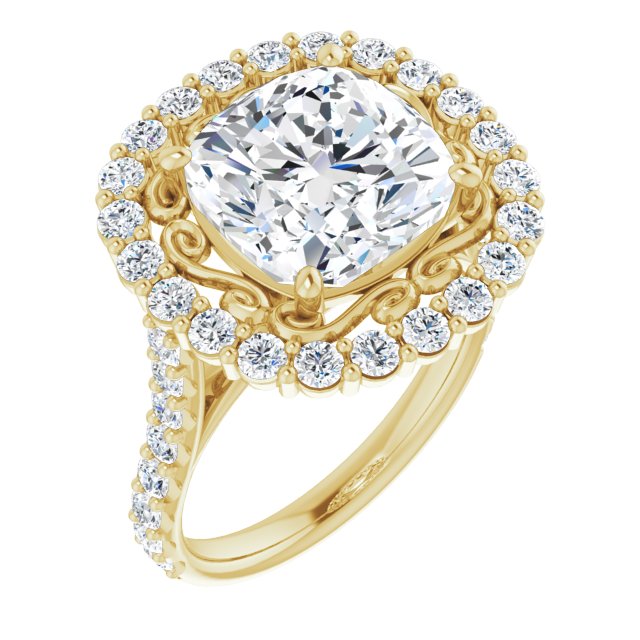 10K Yellow Gold Customizable Cushion Cut Cathedral Style with Oversized Halo