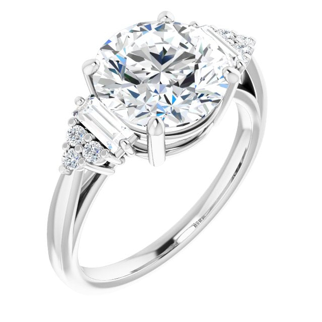 10K White Gold Customizable 9-stone Design with Round Cut Center, Side Baguettes and Tri-Cluster Round Accents