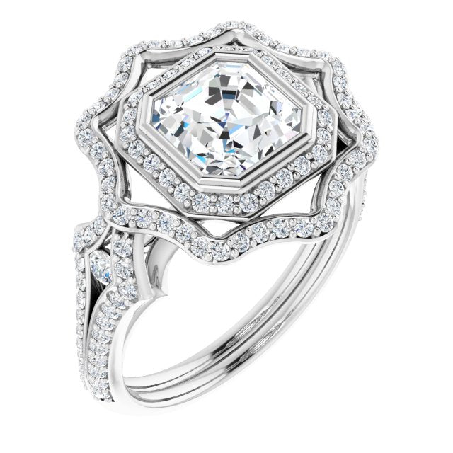 Cubic Zirconia Engagement Ring- The Arya (Customizable Asscher Cut Style with Ultra-wide Pavé Split-Band and Nature-Inspired Double Halo)