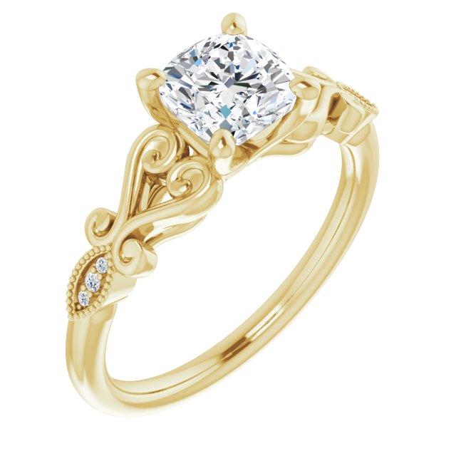 10K Yellow Gold Customizable 7-stone Design with Cushion Cut Center Plus Sculptural Band and Filigree