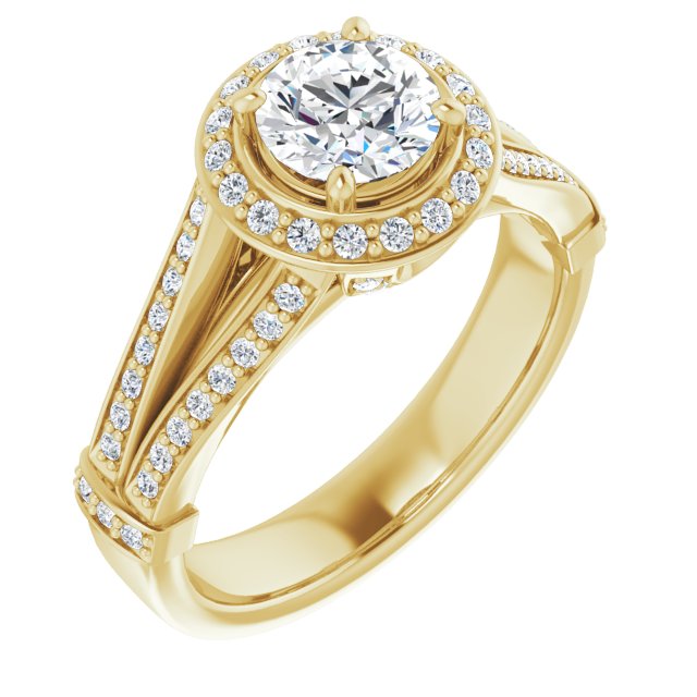 10K Yellow Gold Customizable Round Cut Setting with Halo, Under-Halo Trellis Accents and Accented Split Band