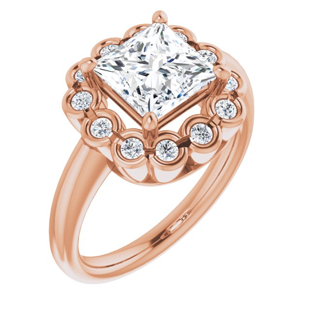 10K Rose Gold Customizable 13-stone Princess/Square Cut Design with Floral-Halo Round Bezel Accents